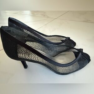 Stuart Weitzman Black Mesh Peep-Toe Heels with Subtle Sparkle